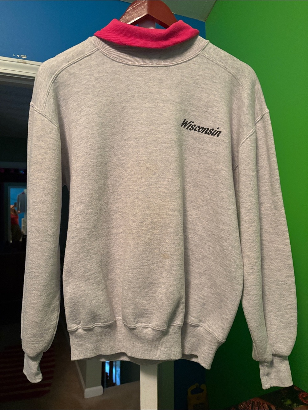 Wisconsin Gray Crewneck Sweater with Pink Collar